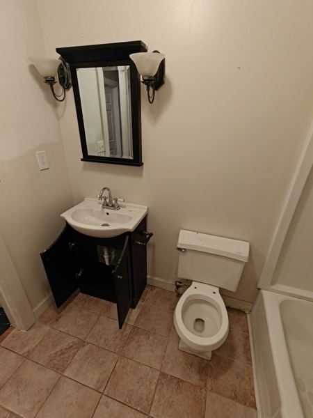 Bathroom before remodel: old vanity and toilet